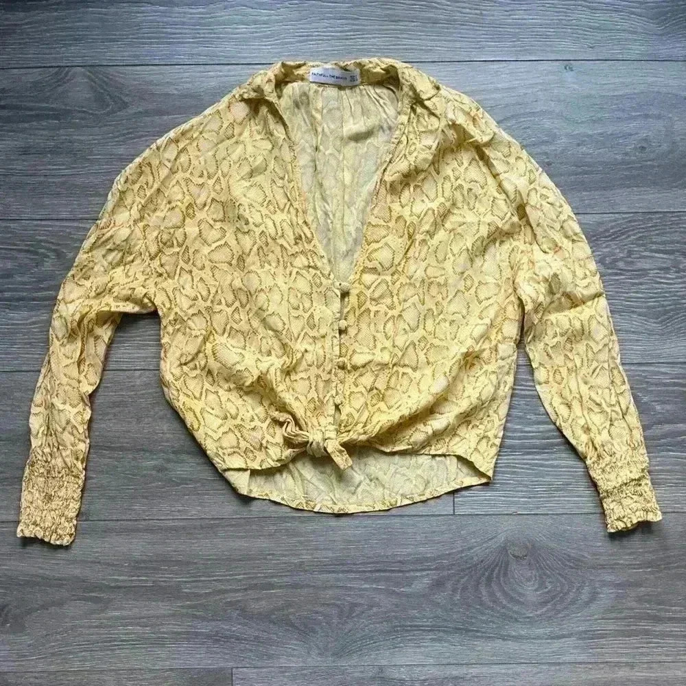 Faithfull the Brand Yellow Snakeskin Print Button Tie V Neck Smocked Cuffs 2